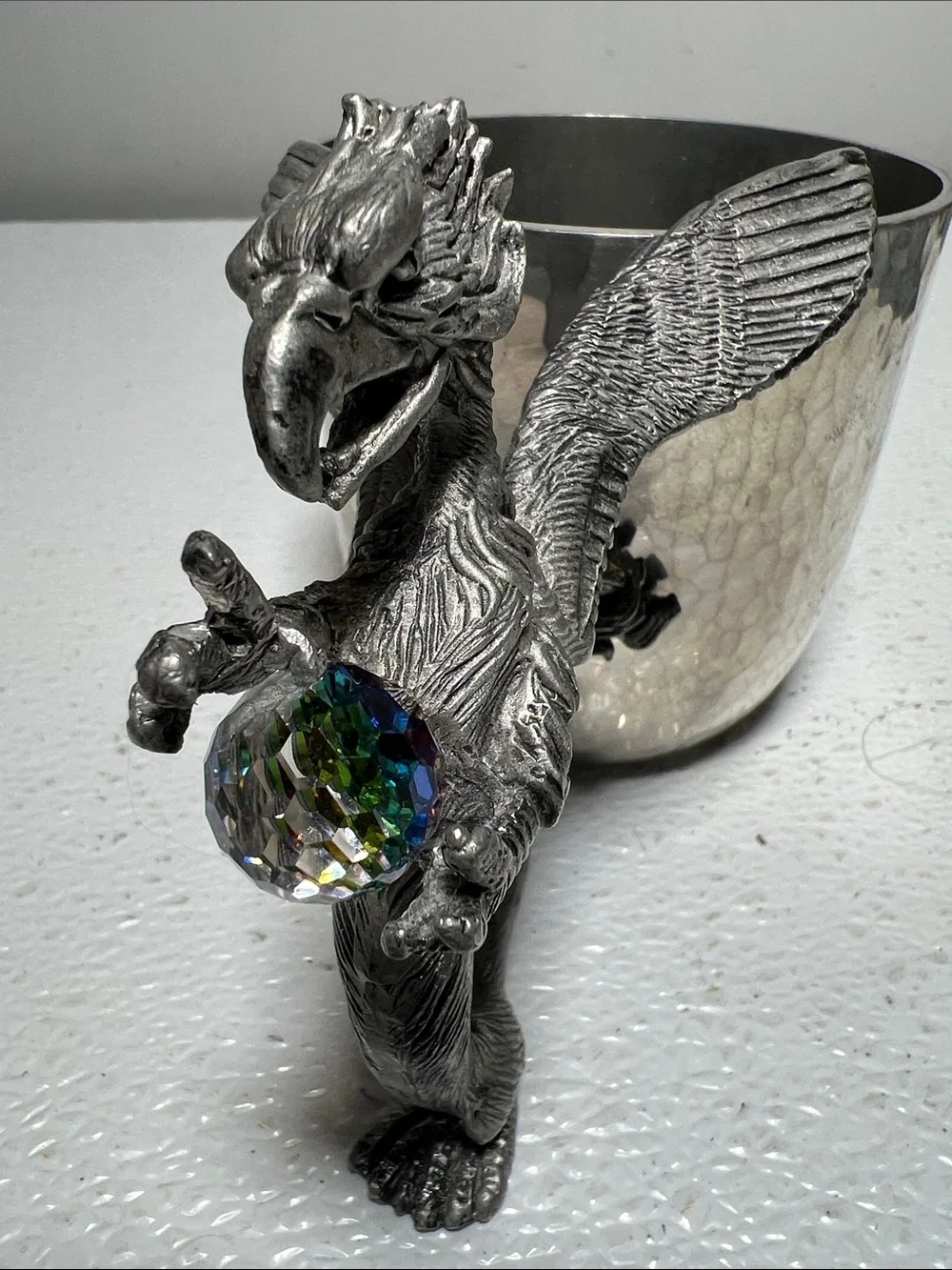 Ballema Bay Pewter Hammered Silver Cup with Decorative Winged Dragon Handle 1990